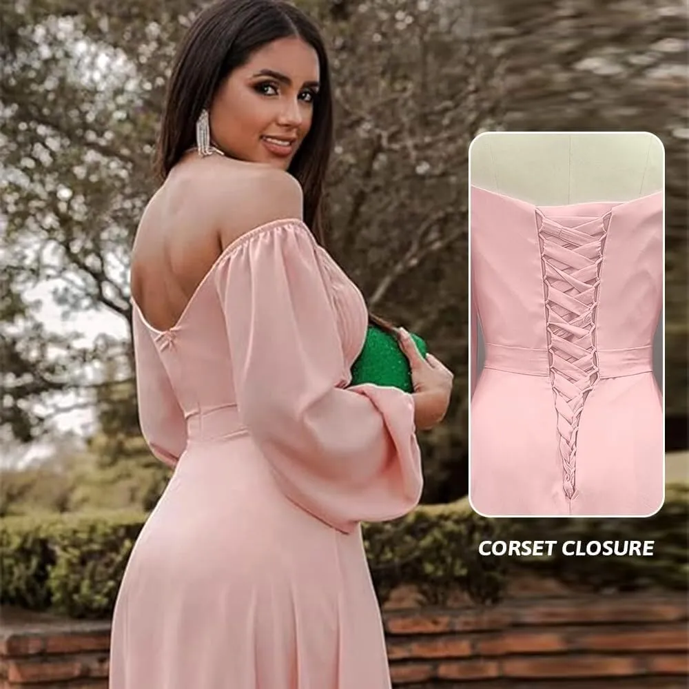 Fanao Long Sleeve Chiffon Bridesmaid Dresses for Women 2025 with Slit Off Shoulder Wedding Guest Dress BD004