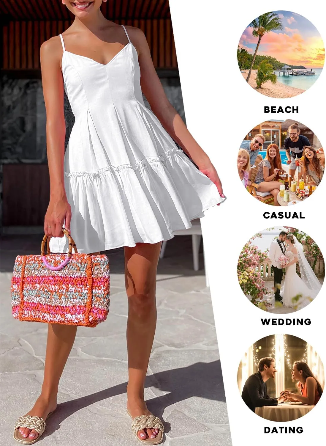 FANCYINN Women's Summer V Neck Casual Swing Short Dress Spaghetti Strap Tiered Backless Dresses with Pockets