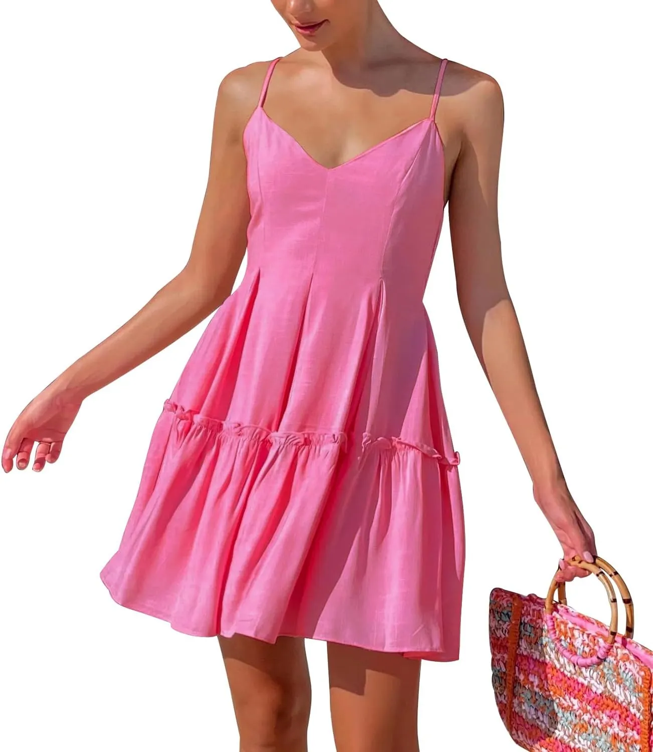 FANCYINN Women's Summer V Neck Casual Swing Short Dress Spaghetti Strap Tiered Backless Dresses with Pockets