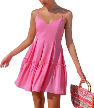 FANCYINN Women's Summer V Neck Casual Swing Short Dress Spaghetti Strap Tiered Backless Dresses with Pockets
