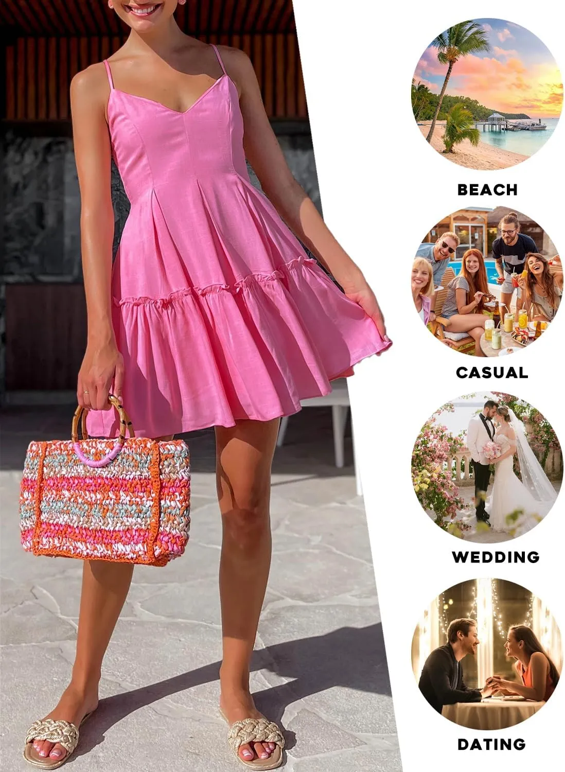 FANCYINN Women's Summer V Neck Casual Swing Short Dress Spaghetti Strap Tiered Backless Dresses with Pockets