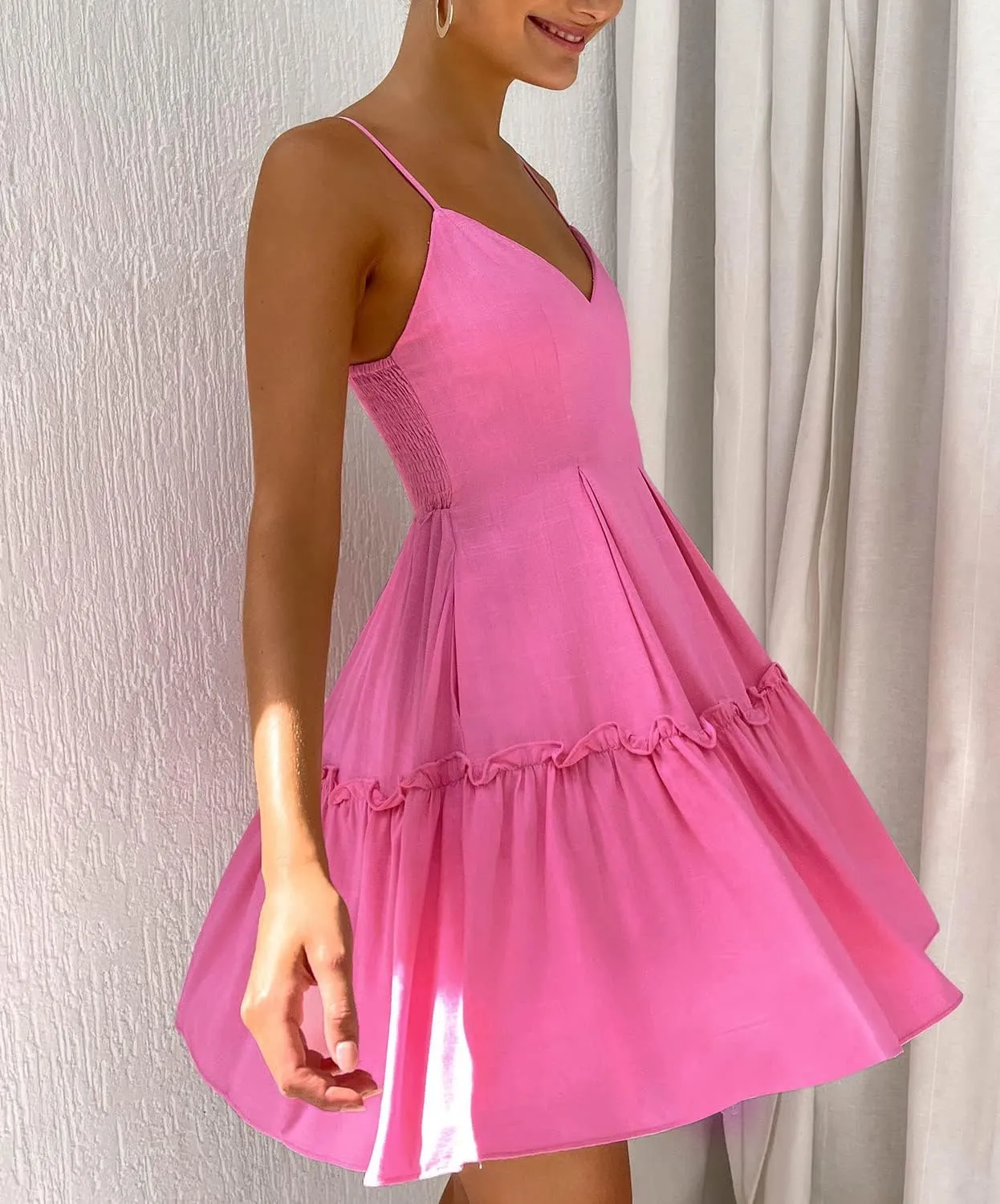 FANCYINN Women's Summer V Neck Casual Swing Short Dress Spaghetti Strap Tiered Backless Dresses with Pockets