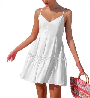 FANCYINN Women's Summer V Neck Casual Swing Short Dress Spaghetti Strap Tiered Backless Dresses with Pockets
