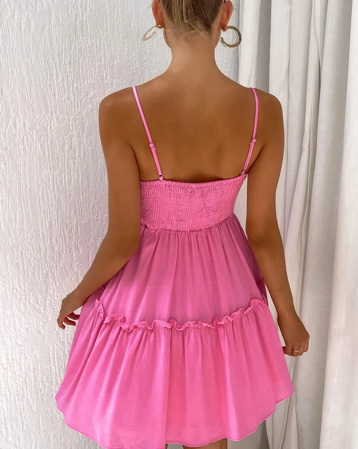 FANCYINN Women's Summer V Neck Casual Swing Short Dress Spaghetti Strap Tiered Backless Dresses with Pockets
