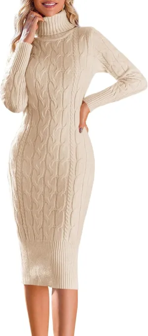Fangetey Womens Long Sleeve Turtleneck Sweater Dresses Knitted Bodycon Midi Sheath Jumper Dresses