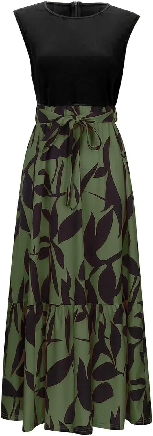 Finelylove Long Maxi Dresses for Women 2025 Boho Floral Tie Belted Patchwork Empire Waist Sleeveless Modest Flowy Dress