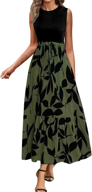 Finelylove Long Maxi Dresses for Women 2025 Boho Floral Tie Belted Patchwork Empire Waist Sleeveless Modest Flowy Dress