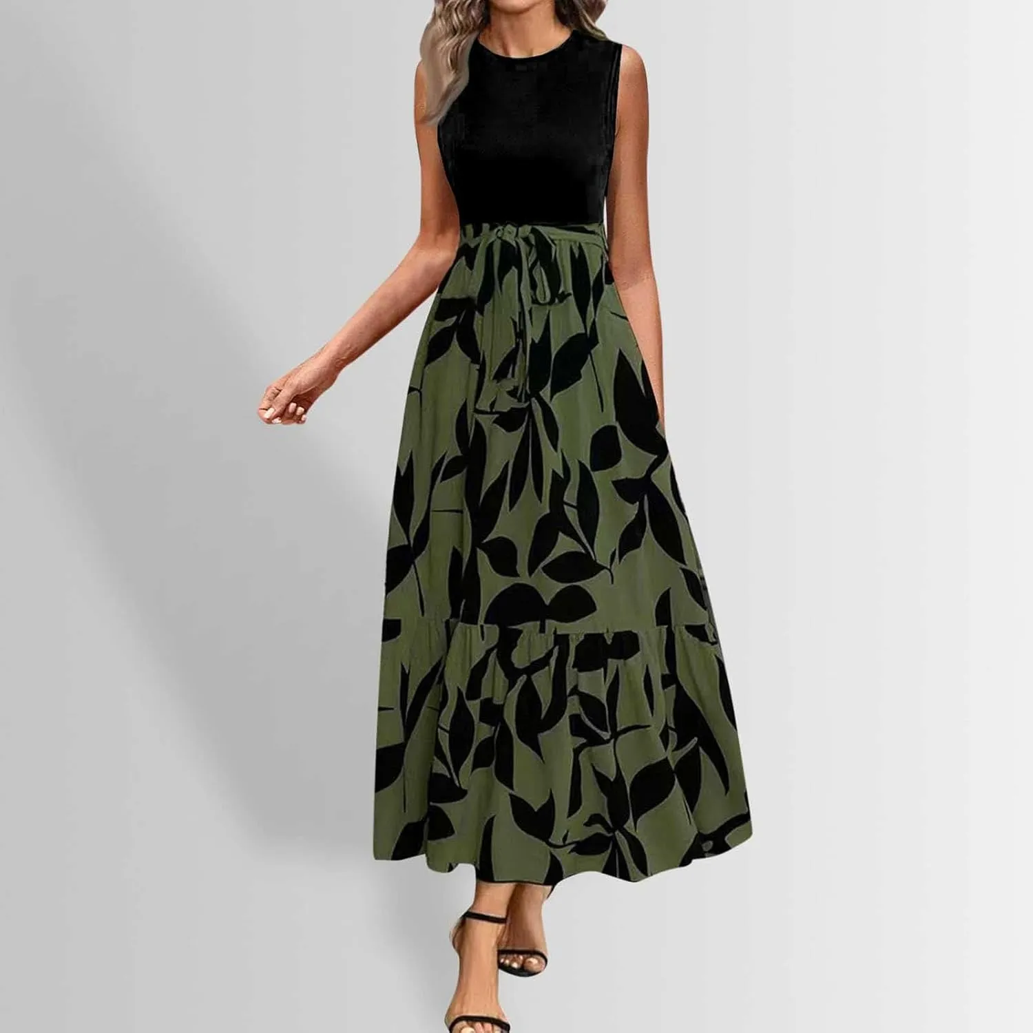 Finelylove Long Maxi Dresses for Women 2025 Boho Floral Tie Belted Patchwork Empire Waist Sleeveless Modest Flowy Dress