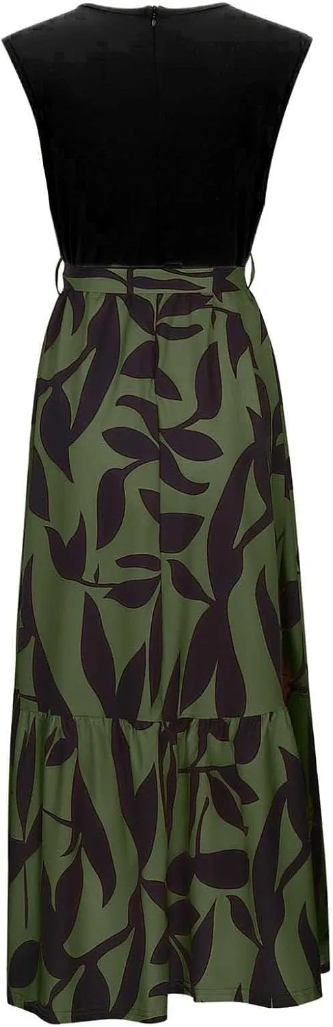 Finelylove Long Maxi Dresses for Women 2025 Boho Floral Tie Belted Patchwork Empire Waist Sleeveless Modest Flowy Dress
