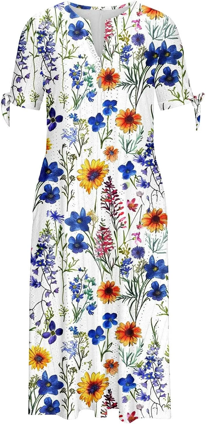 Finelylove Long Maxi Dresses for Women 2025 Trendy Floral Eyelet Short Sleeve Tshirt Dress Casual Boho Summer Beach Sundress