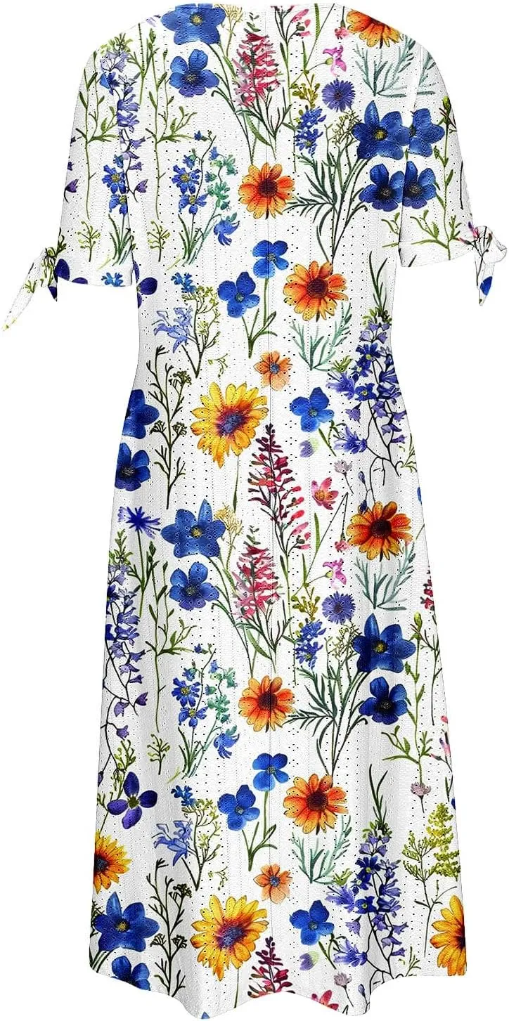 Finelylove Long Maxi Dresses for Women 2025 Trendy Floral Eyelet Short Sleeve Tshirt Dress Casual Boho Summer Beach Sundress