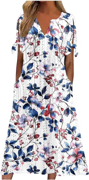 Finelylove Long Maxi Dresses for Women 2025 Trendy Floral Eyelet Short Sleeve Tshirt Dress Casual Boho Summer Beach Sundress