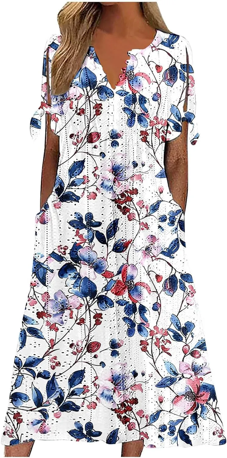 Finelylove Long Maxi Dresses for Women 2025 Trendy Floral Eyelet Short Sleeve Tshirt Dress Casual Boho Summer Beach Sundress