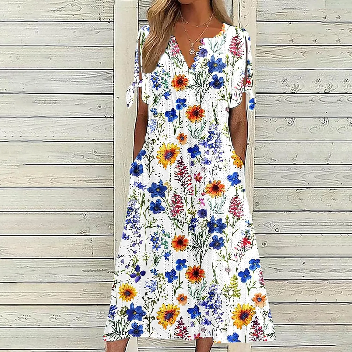 Finelylove Long Maxi Dresses for Women 2025 Trendy Floral Eyelet Short Sleeve Tshirt Dress Casual Boho Summer Beach Sundress