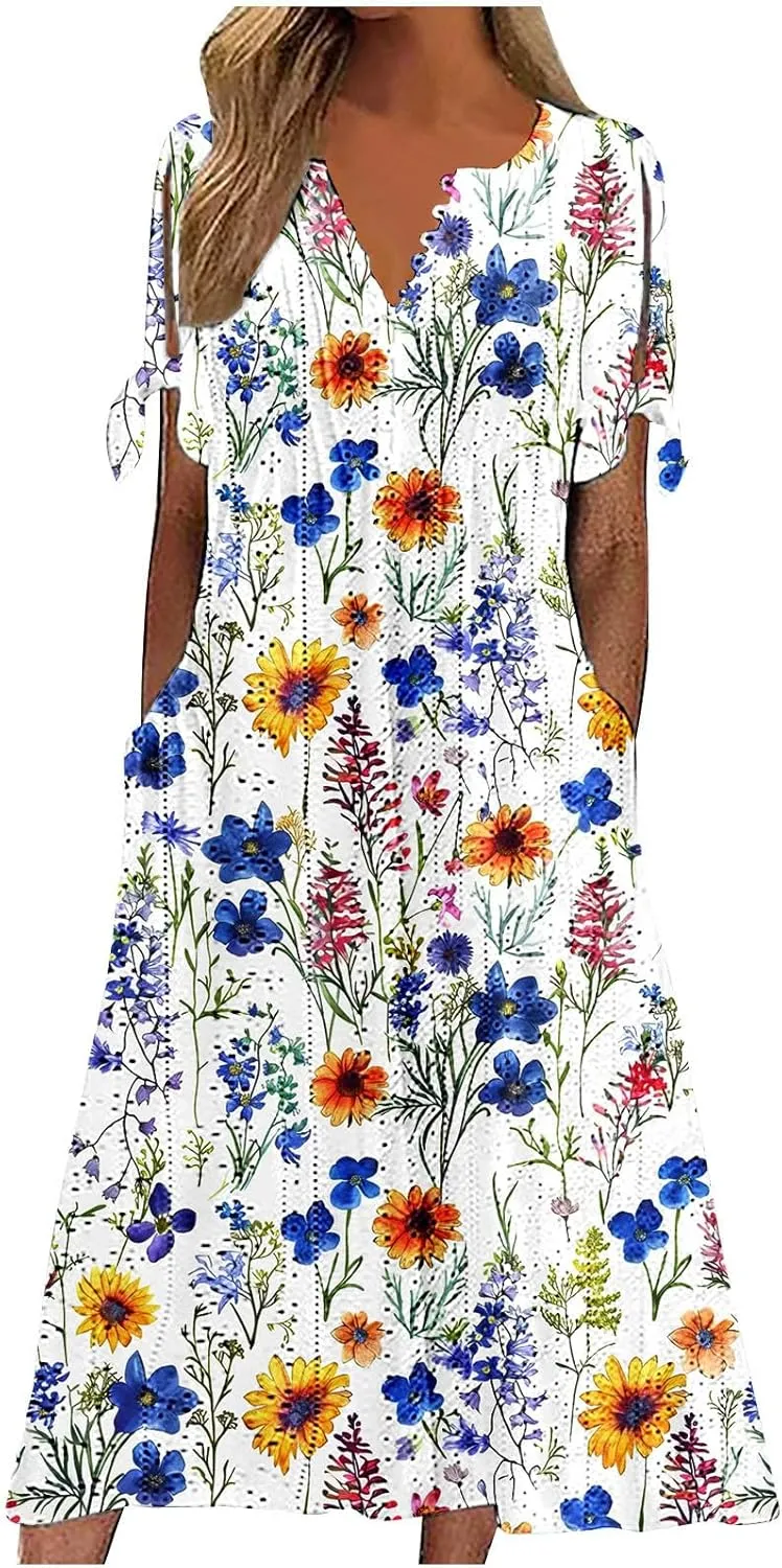 Finelylove Long Maxi Dresses for Women 2025 Trendy Floral Eyelet Short Sleeve Tshirt Dress Casual Boho Summer Beach Sundress