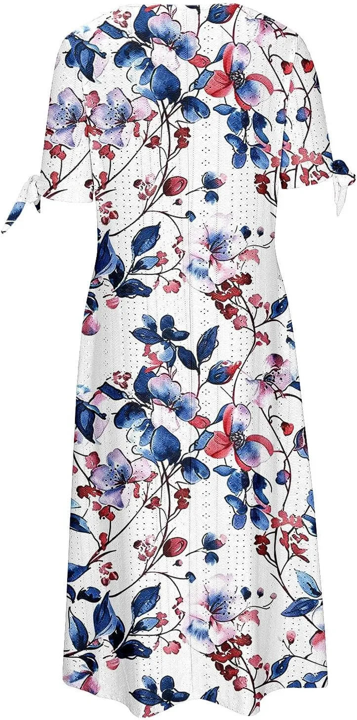 Finelylove Long Maxi Dresses for Women 2025 Trendy Floral Eyelet Short Sleeve Tshirt Dress Casual Boho Summer Beach Sundress