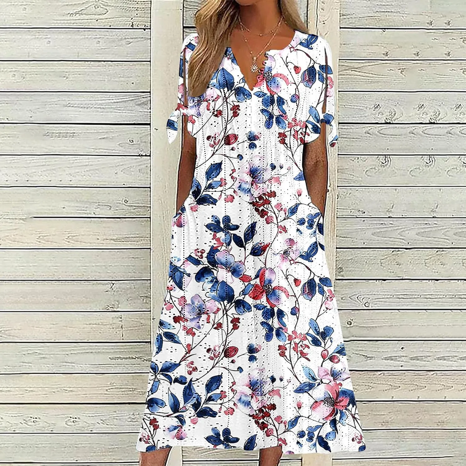 Finelylove Long Maxi Dresses for Women 2025 Trendy Floral Eyelet Short Sleeve Tshirt Dress Casual Boho Summer Beach Sundress