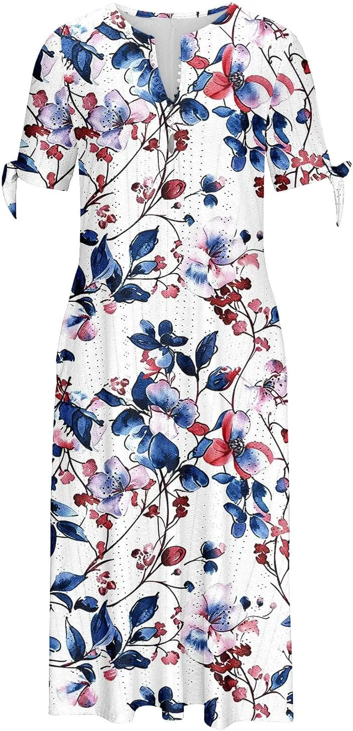 Finelylove Long Maxi Dresses for Women 2025 Trendy Floral Eyelet Short Sleeve Tshirt Dress Casual Boho Summer Beach Sundress
