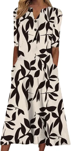 Finelylove Womens Maxi Dress Summer Casual Loose Boho Floral V Neck Short Sleeve Flowy Long Dresses Beach Vacation Outfits