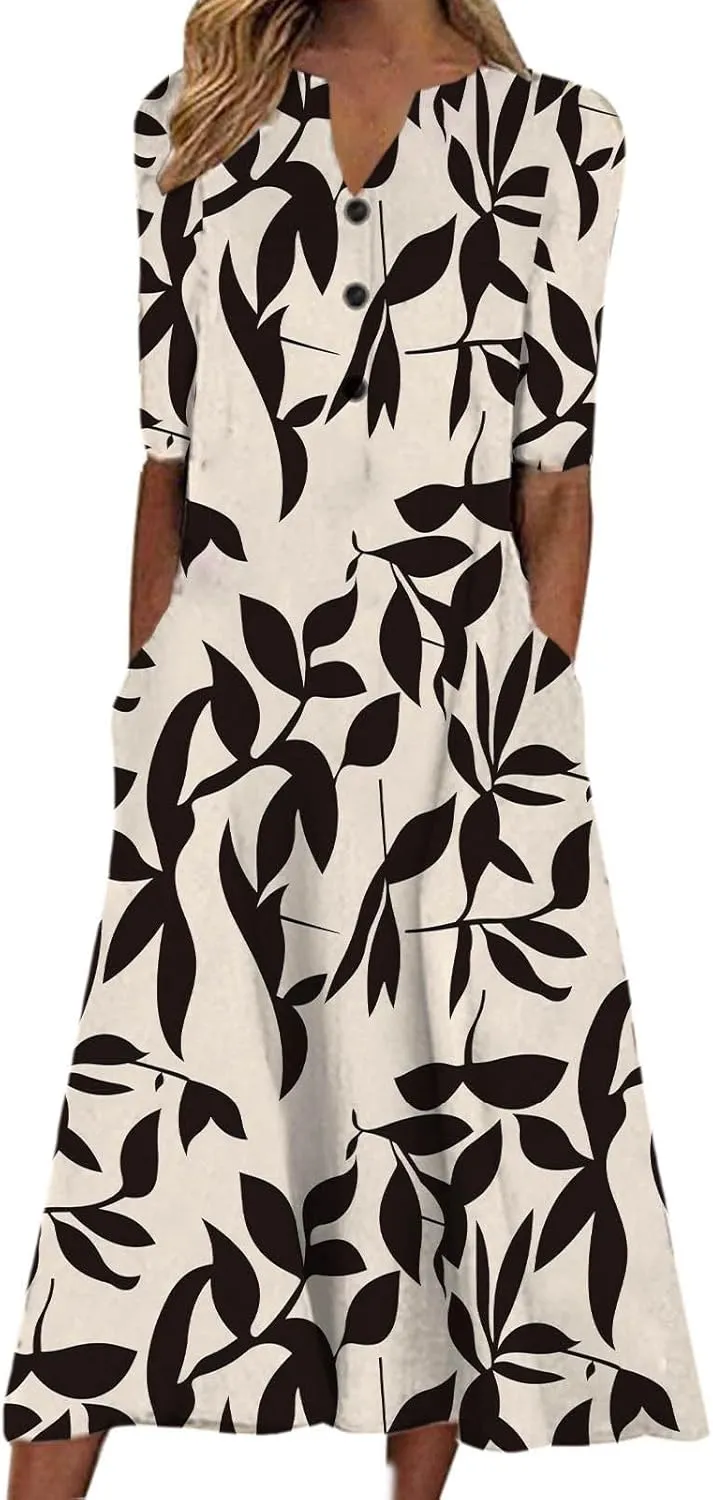 Finelylove Womens Maxi Dress Summer Casual Loose Boho Floral V Neck Short Sleeve Flowy Long Dresses Beach Vacation Outfits