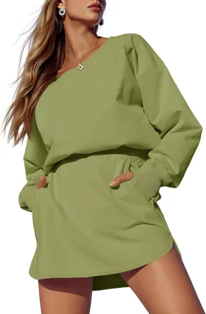 Fisoew Womens Long Sleeve Athletic Dress Backless Keyhole Built-in Shorts Oversized Workout Active Skort Dresses