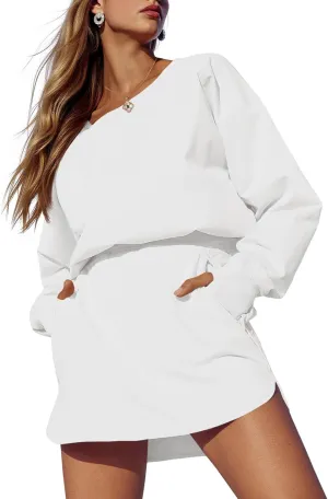 Fisoew Womens Long Sleeve Athletic Dress Backless Keyhole Built-in Shorts Oversized Workout Active Skort Dresses