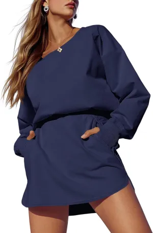 Fisoew Womens Long Sleeve Athletic Dress Backless Keyhole Built-in Shorts Oversized Workout Active Skort Dresses