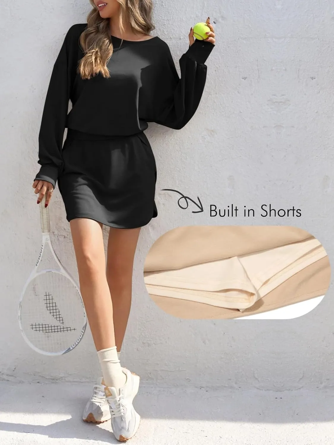 Fisoew Womens Long Sleeve Athletic Dress Backless Keyhole Built-in Shorts Oversized Workout Active Skort Dresses