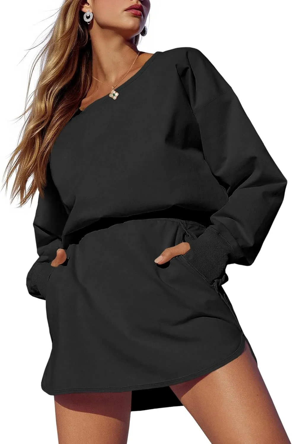 Fisoew Womens Long Sleeve Athletic Dress Backless Keyhole Built-in Shorts Oversized Workout Active Skort Dresses
