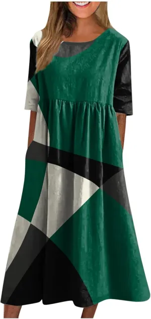 FlekmanArt Dresses for Women 2025 Short Sleeve Pocket Dresses Pleated Printed Beach Dress Round Neck Loose Maxi Dress