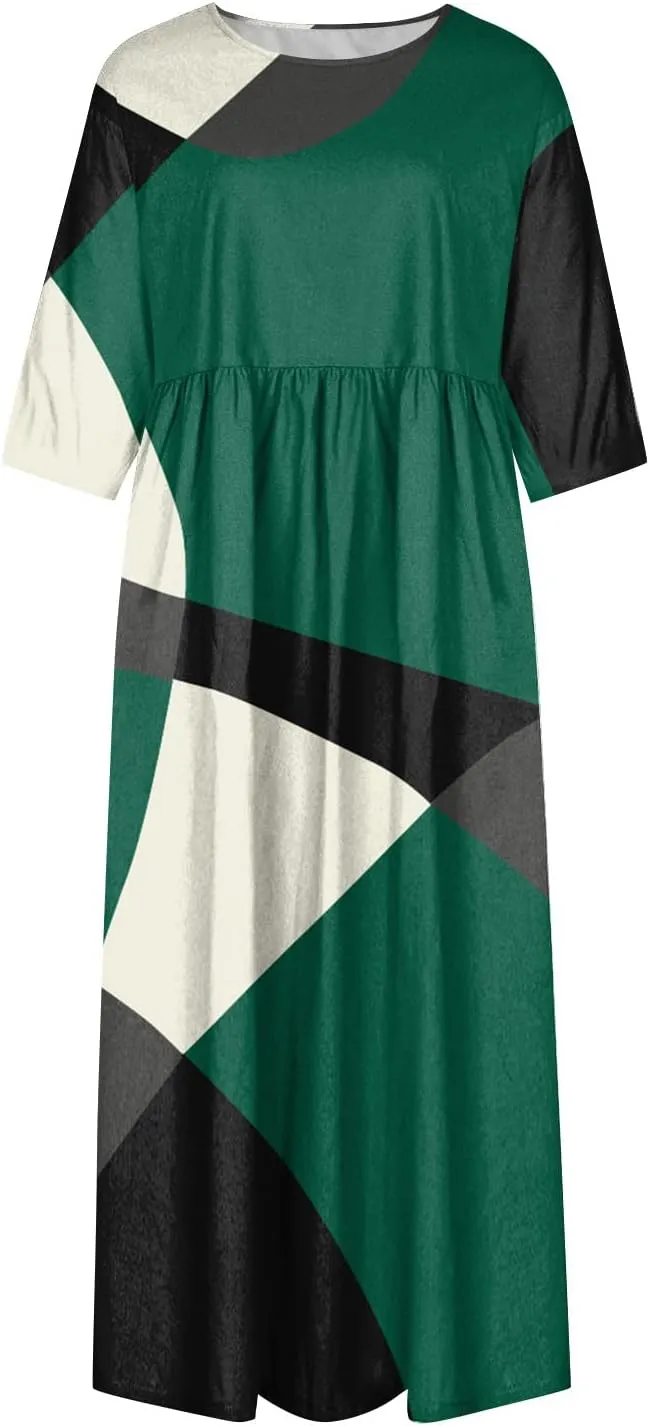 FlekmanArt Dresses for Women 2025 Short Sleeve Pocket Dresses Pleated Printed Beach Dress Round Neck Loose Maxi Dress