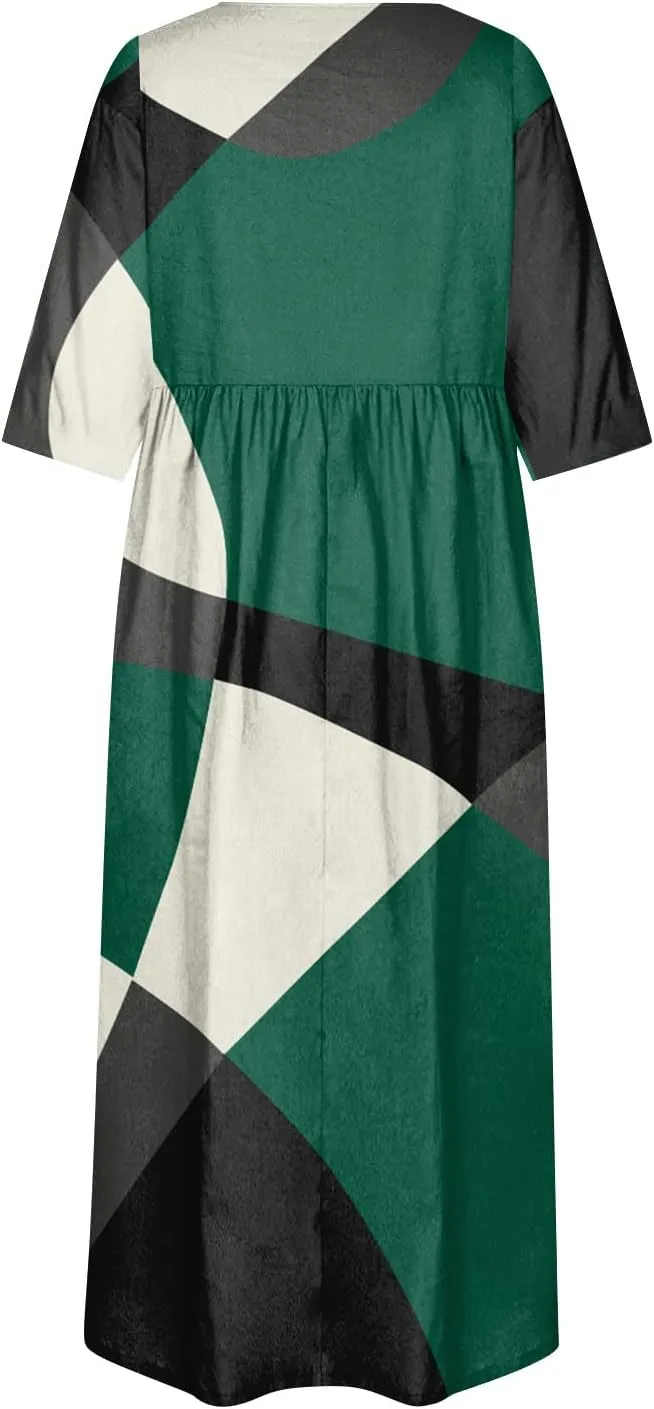 FlekmanArt Dresses for Women 2025 Short Sleeve Pocket Dresses Pleated Printed Beach Dress Round Neck Loose Maxi Dress