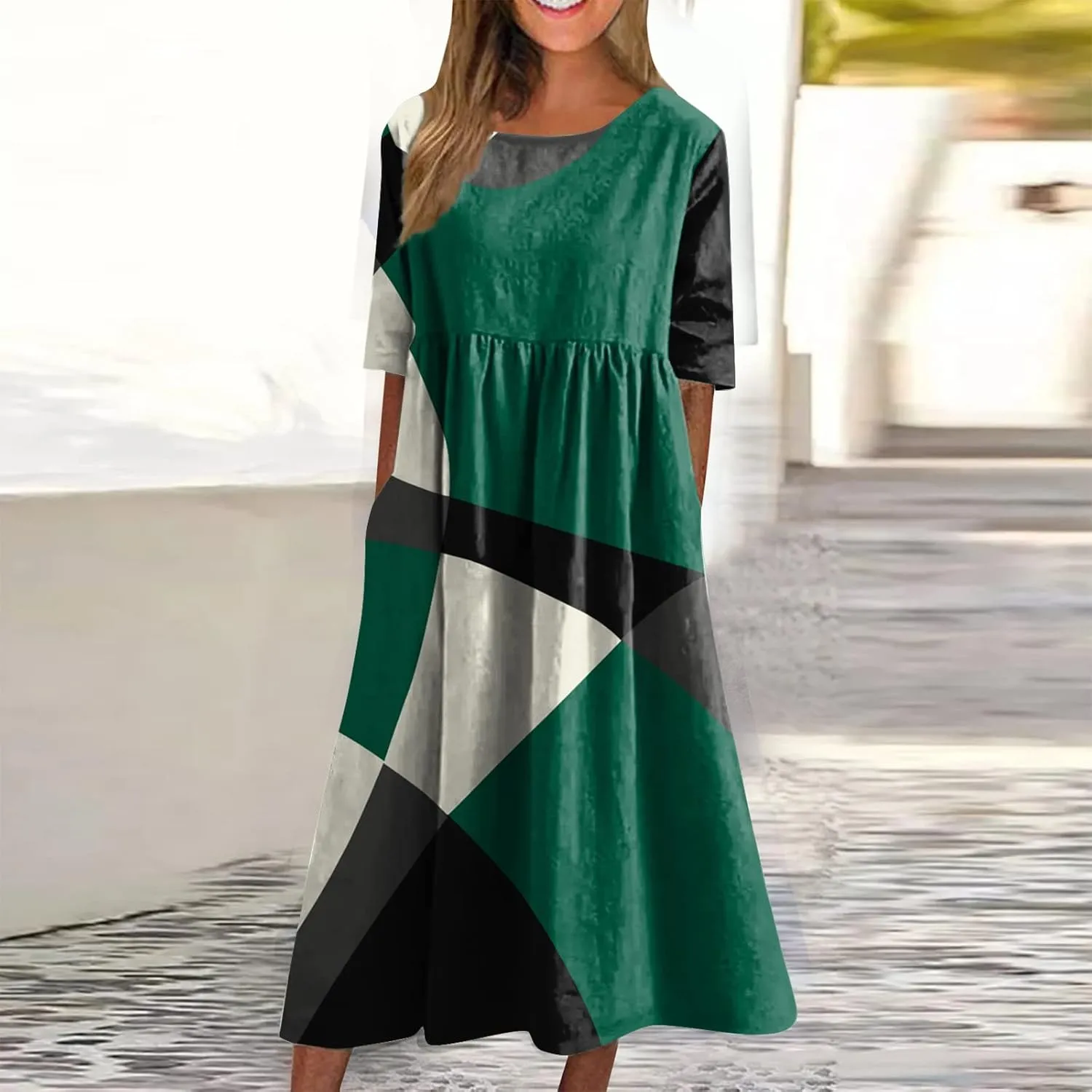 FlekmanArt Dresses for Women 2025 Short Sleeve Pocket Dresses Pleated Printed Beach Dress Round Neck Loose Maxi Dress
