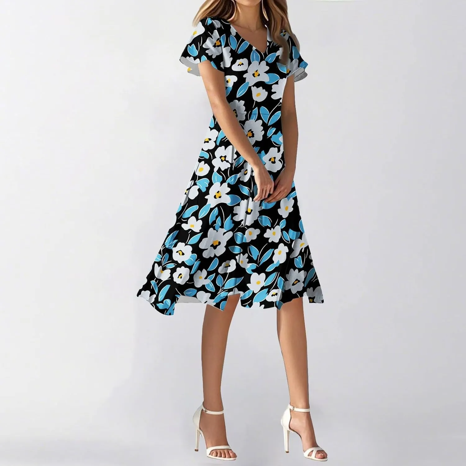 Floral Dress for Women Short Sleeve Knee Length Summer Short Sleeve Summer 2025 V Neck Modest Sundress Dress