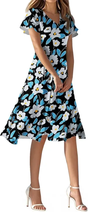 Floral Dress for Women Short Sleeve Knee Length Summer Short Sleeve Summer 2025 V Neck Modest Sundress Dress