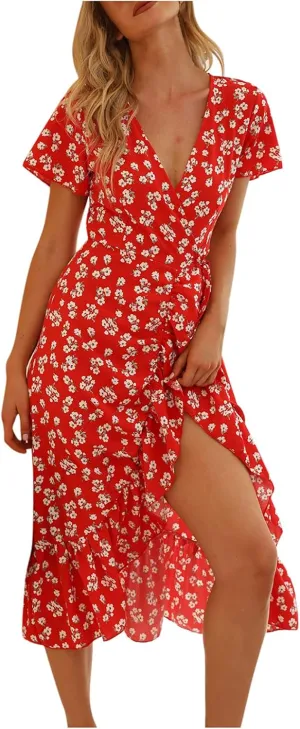 Floral Dress for Women V Neck Short Sleeve Wrap Midi Dress Sexy Split Ruffle Hem Flowy Smocked Boho Summer Dresses