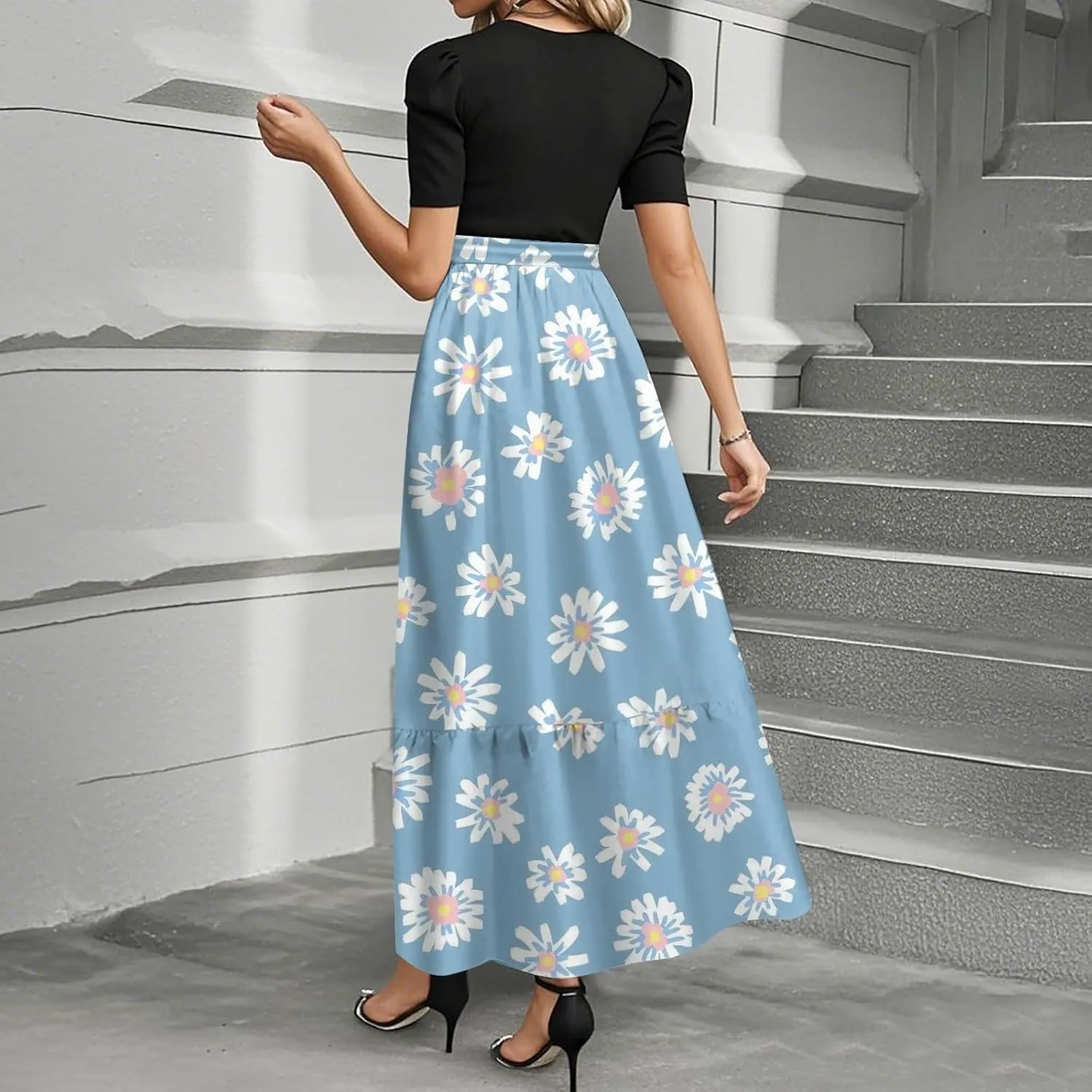Floral Maxi Dresses for Women Long Flowy Swing Empire Waist Dress Elegant Patchwork Ruffle Tiered Modest Church Dress
