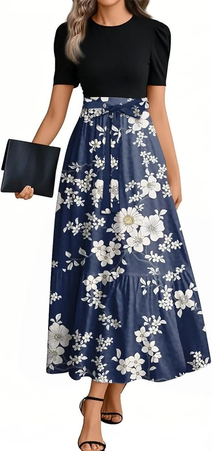 Floral Maxi Dresses for Women Long Flowy Swing Empire Waist Dress Elegant Patchwork Ruffle Tiered Modest Church Dress