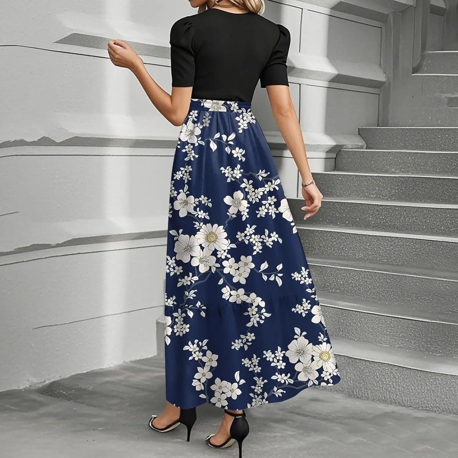 Floral Maxi Dresses for Women Long Flowy Swing Empire Waist Dress Elegant Patchwork Ruffle Tiered Modest Church Dress