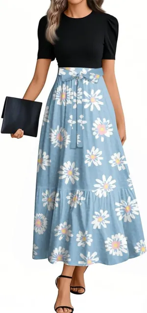 Floral Maxi Dresses for Women Long Flowy Swing Empire Waist Dress Elegant Patchwork Ruffle Tiered Modest Church Dress