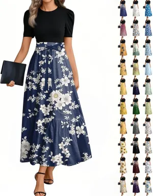 Floral Maxi Dresses for Women Long Flowy Swing Empire Waist Dress Elegant Patchwork Ruffle Tiered Modest Church Dress