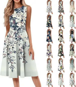 Floral Summer Midi Dresses for Women Boho Sundresses for Beach Vacation Wedding Guest Cocktail Tank Dress with Pockets
