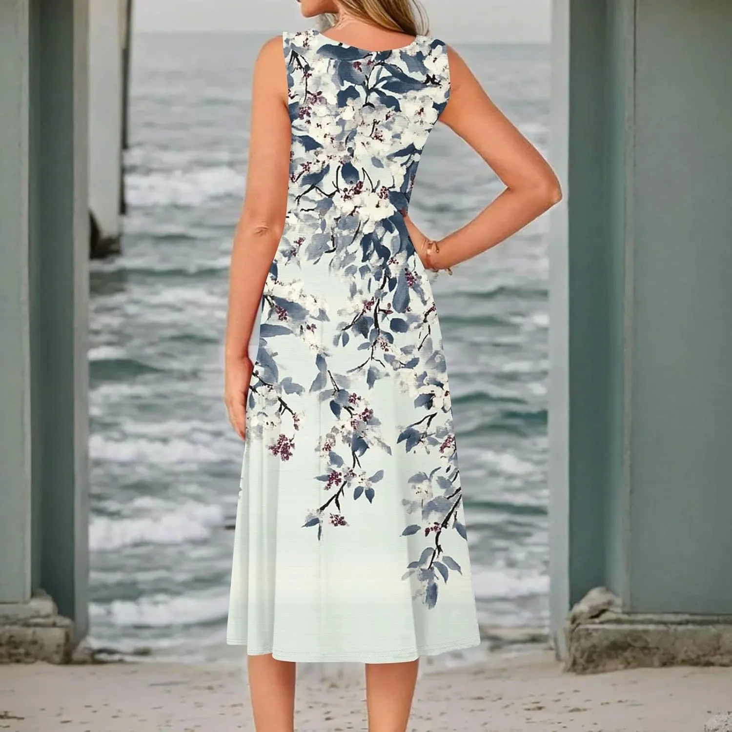 Floral Summer Midi Dresses for Women Boho Sundresses for Beach Vacation Wedding Guest Cocktail Tank Dress with Pockets