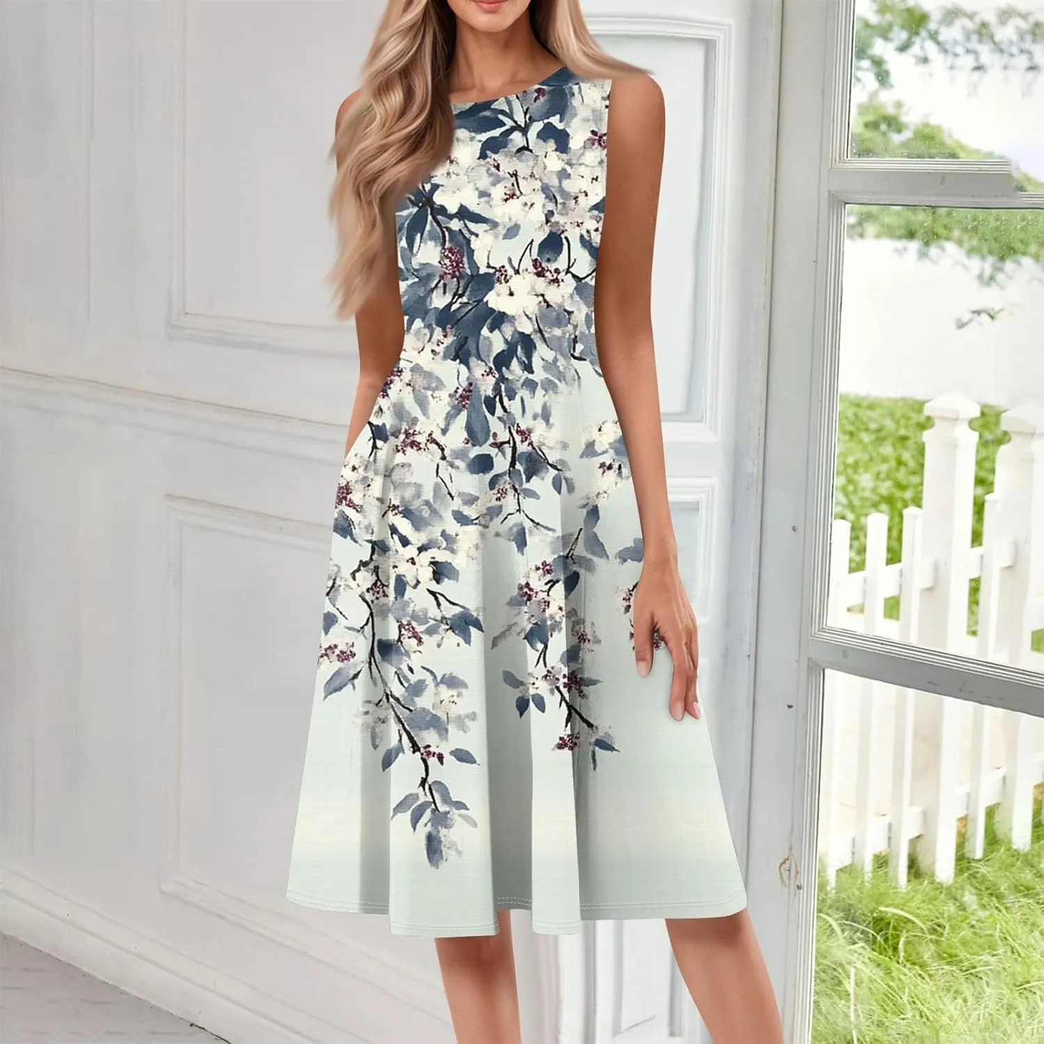Floral Summer Midi Dresses for Women Boho Sundresses for Beach Vacation Wedding Guest Cocktail Tank Dress with Pockets