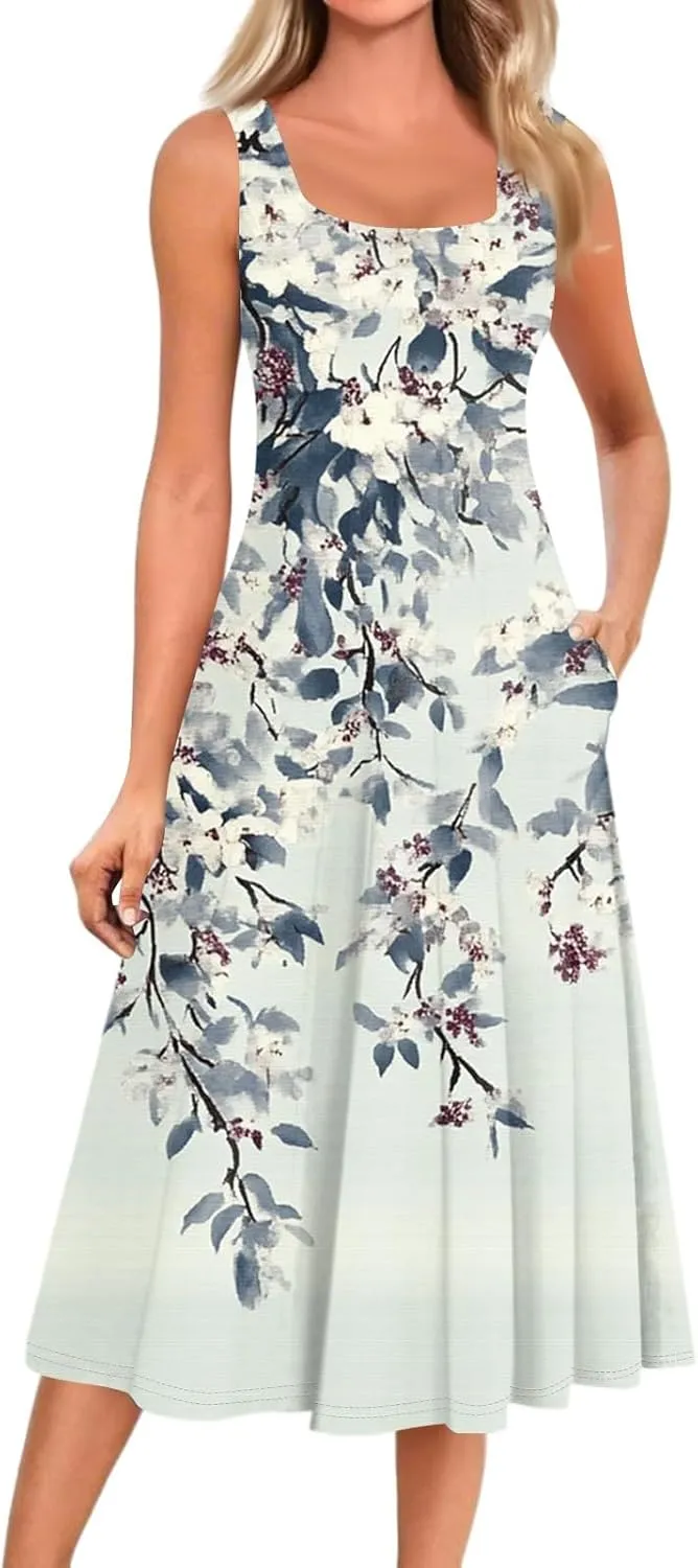 Floral Summer Midi Dresses for Women Boho Sundresses for Beach Vacation Wedding Guest Cocktail Tank Dress with Pockets