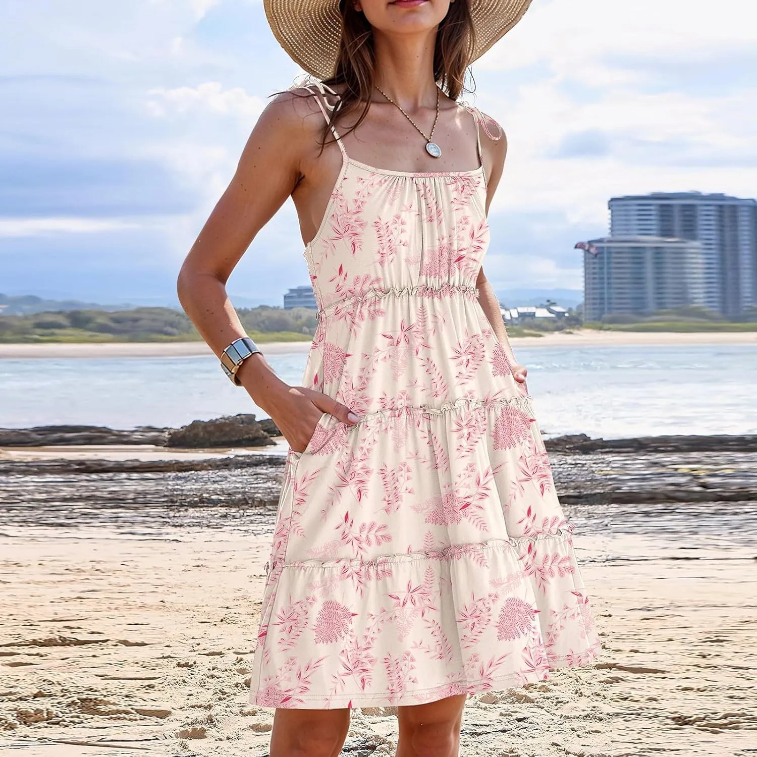 Floral Sundress for Women Cute Spaghetti Strap A Line Dress Boho Summer Casual Sleeveless Tiered Sundresses