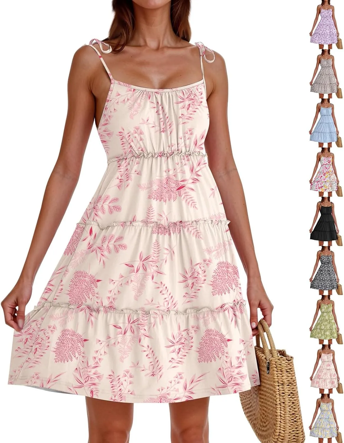 Floral Sundress for Women Cute Spaghetti Strap A Line Dress Boho Summer Casual Sleeveless Tiered Sundresses