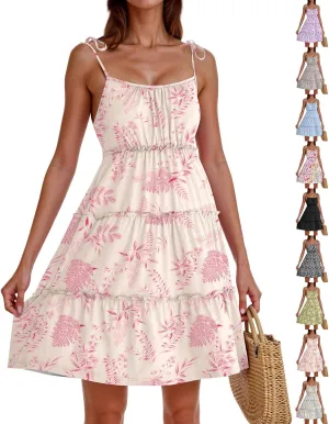 Floral Sundress for Women Cute Spaghetti Strap A Line Dress Boho Summer Casual Sleeveless Tiered Sundresses