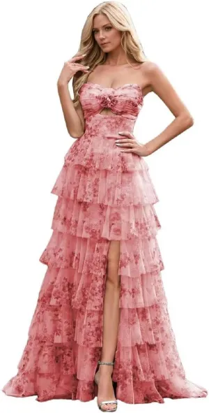 Floral Tiered Chiffon Prom Dress Women Strapless Formal Party Gown Long Ruffles Evening Dresses with Side Slit