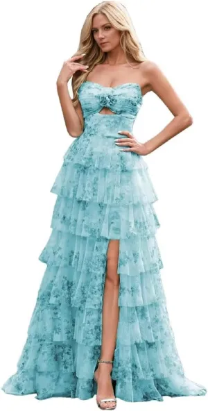 Floral Tiered Chiffon Prom Dress Women Strapless Formal Party Gown Long Ruffles Evening Dresses with Side Slit